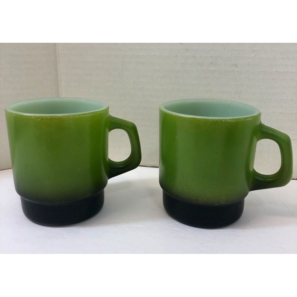Lot of 2 green Fire King Coffee Cups Mugs Anchor Hocking